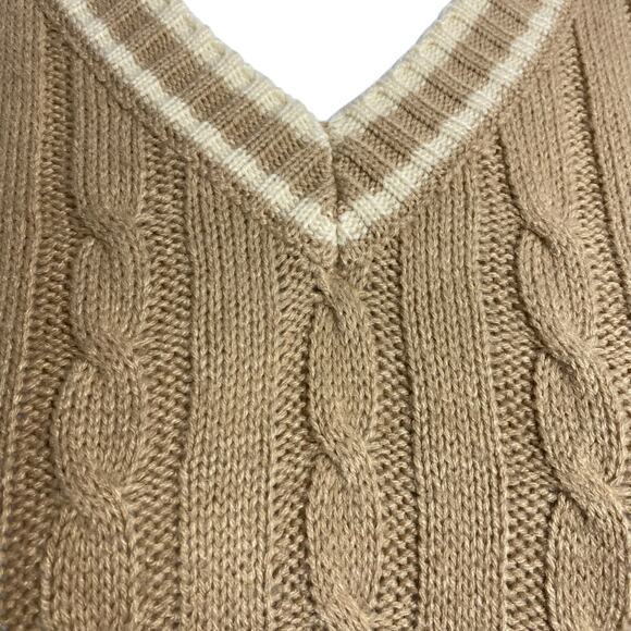 Shein tan oversized cropped v-neck cable knit sweater vest with cream trim Small - Picture 4 of 8